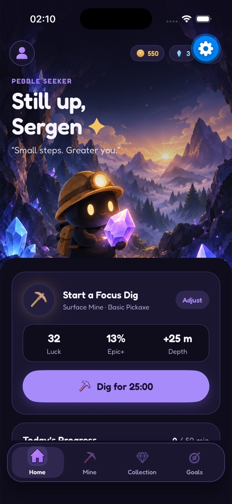 Home screen: your miner holding a glowing amethyst