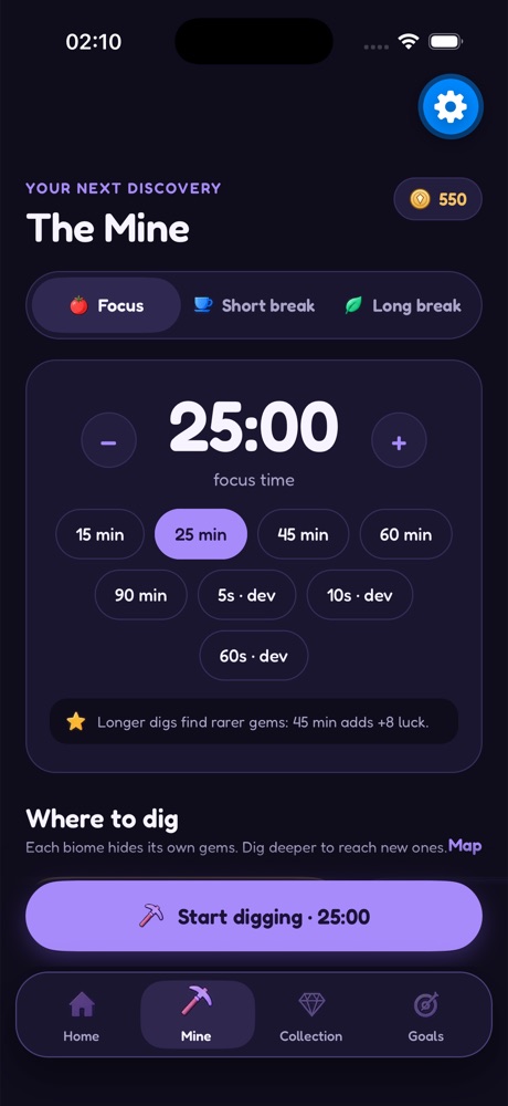 The Mine: choose your focus time and where to dig
